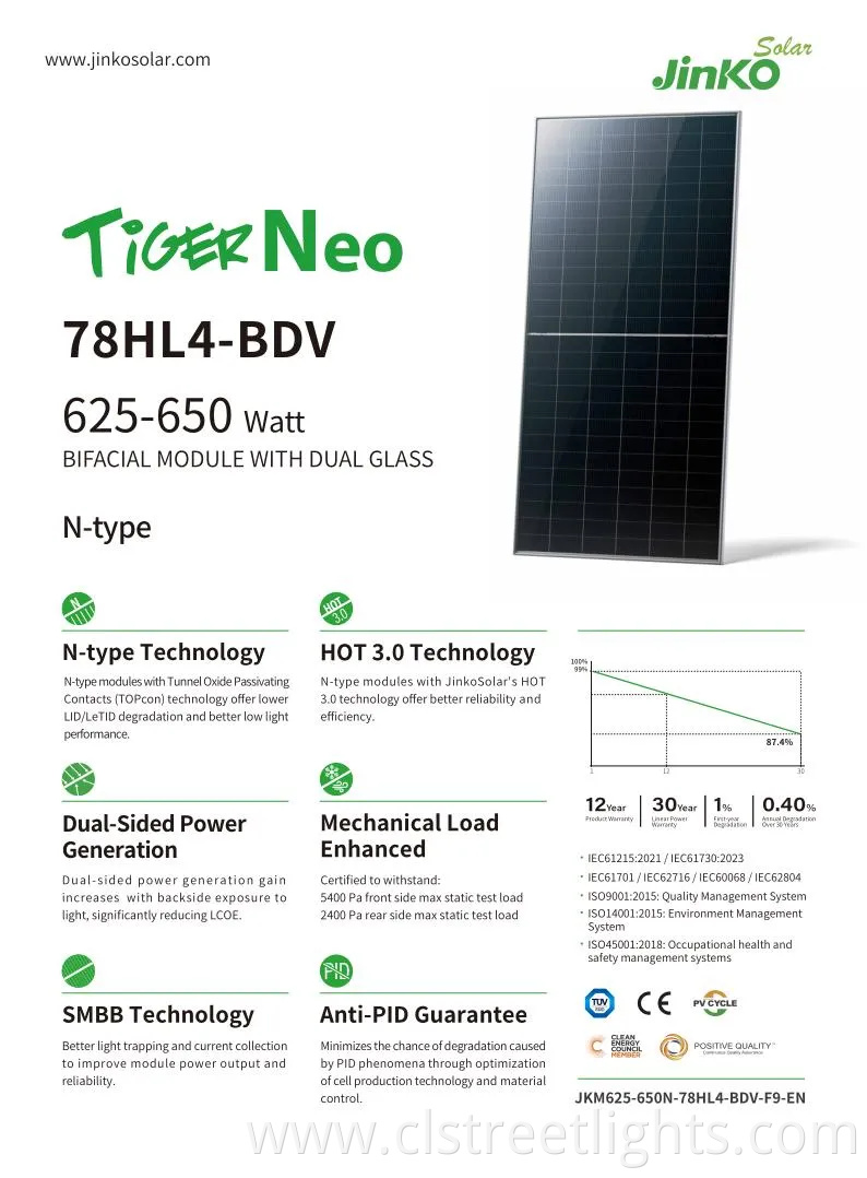 High PV Efficiency 625~650W N Type Bifacial Solar Panels with Topcon Technology for Solar System